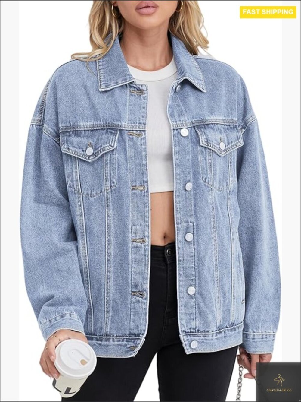 Oversized Denim Jacket Trendy Long Sleeve Aviator Style Loose Fit Modern